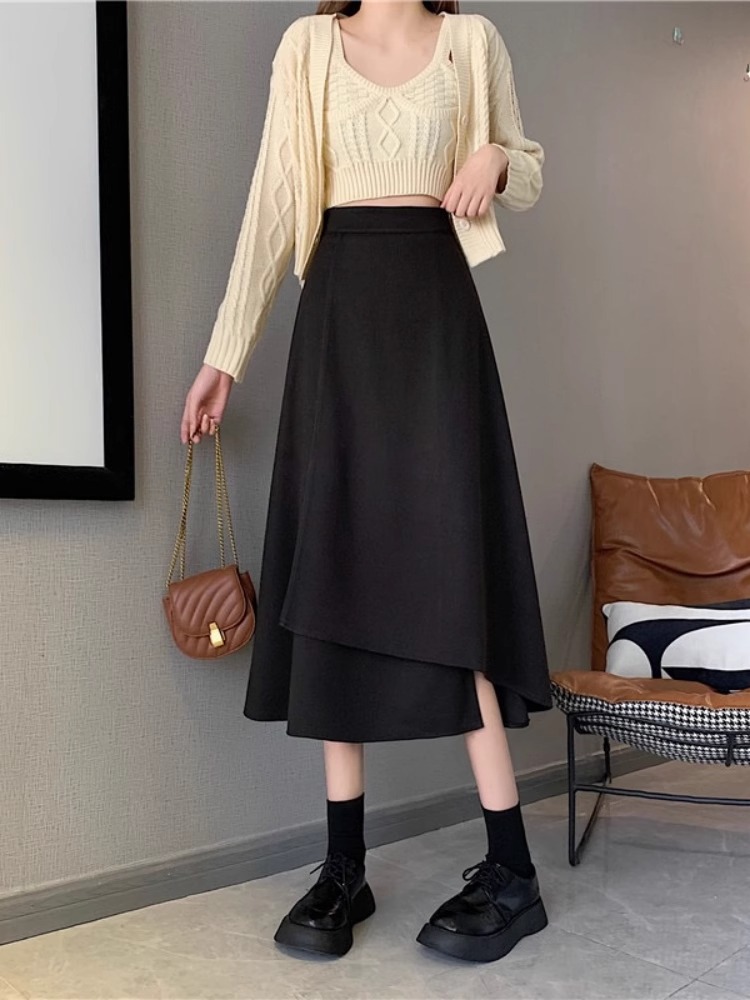 Black skirt for women 2024 new mid-length A- line skirt irregular high waist slimming umbrella skirt large swing skirt