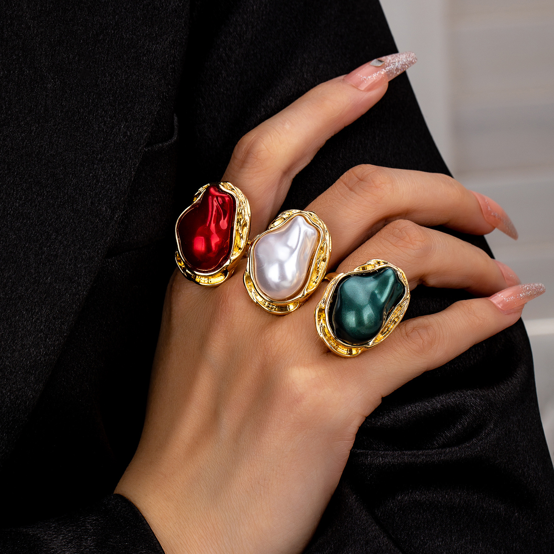 Vintage Baroque Inlaid Irregular Imitation Pearl Ring Women's High-class Elegant Elegant Suitable for Banquet