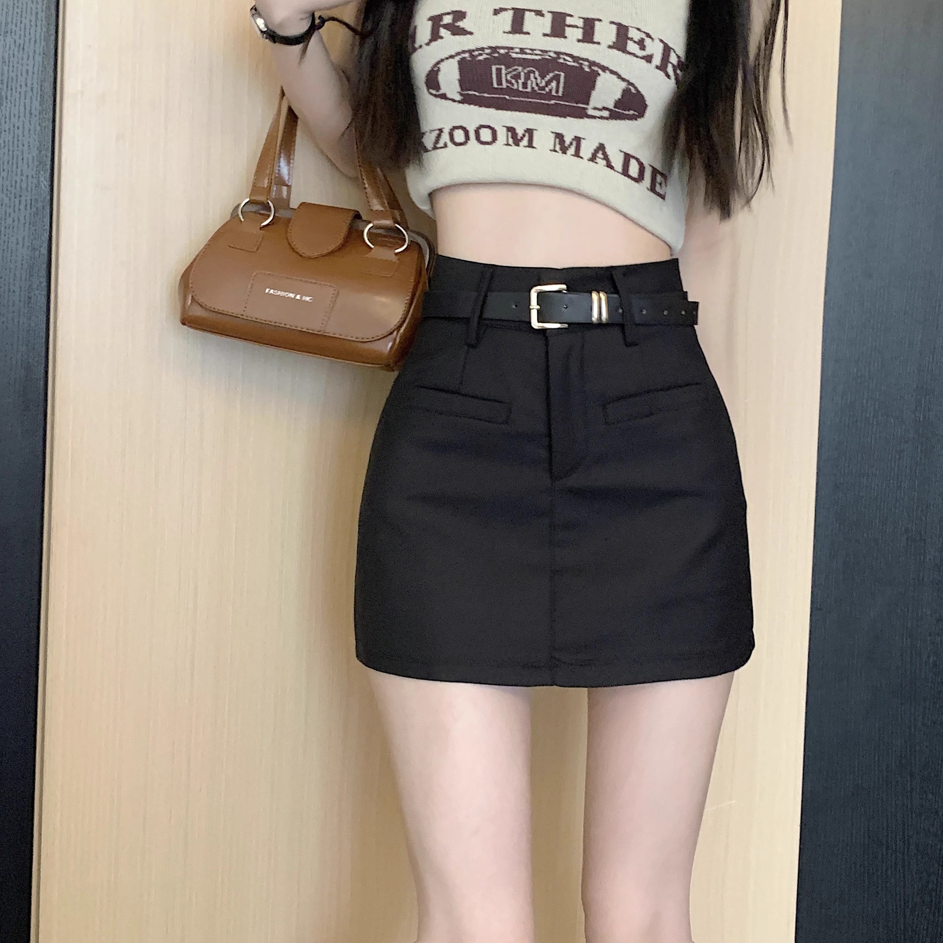 dark gray Suit Short Skirt Women's High Waist Summer New plus size chubby girl Slimming Small A- line Hip Skirt