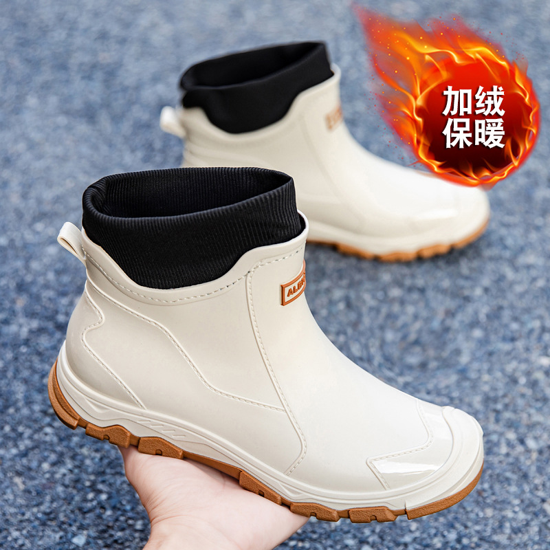 Cross-border men's short-leg integrated fleece rain boots with cotton warm waterproof rain boots Lightweight kitchen work shoes non-slip rubber shoes