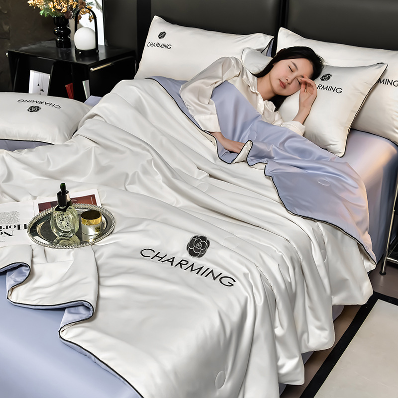 Picture of Class A Washed Ice Silk Summer Quilt Four-piece Set Summer Cool Quilt Nude Sleeping Embroidered Air-conditioning Quilt Cool Silk Summer Thin Quilt