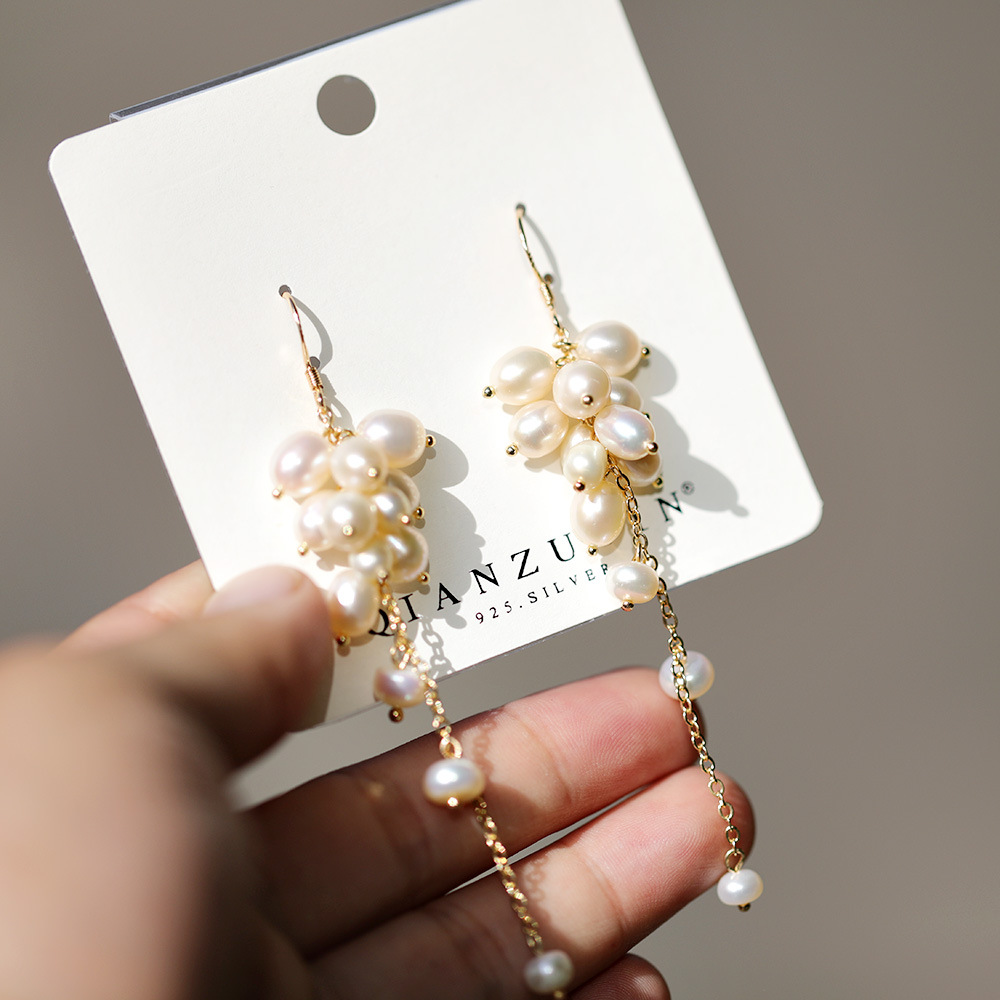 Natural freshwater pearl earrings S925 sterling silver earrings long tassel earrings millet beads earrings Q381