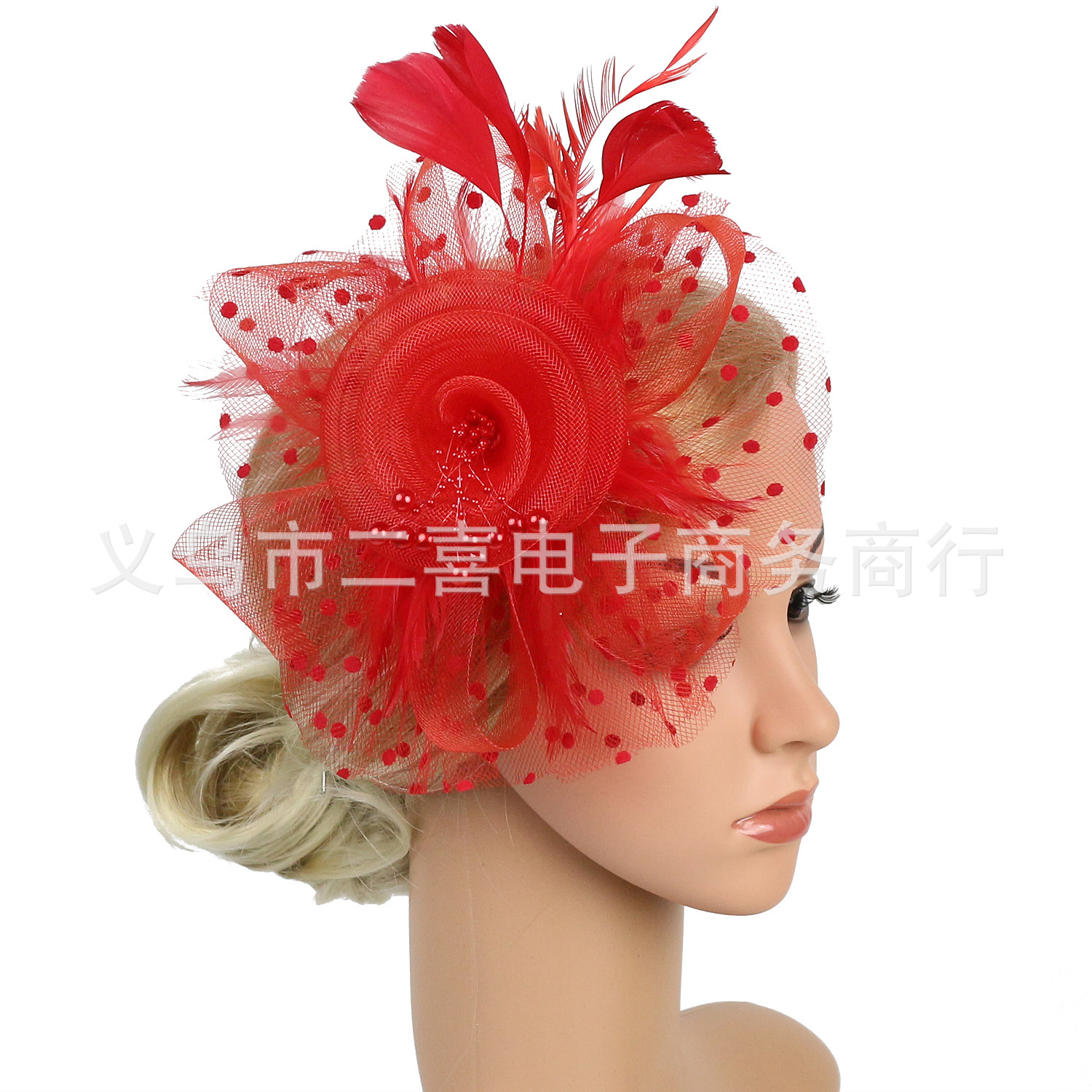 Picture of European and American Popular Amazon Feather Headdress Bridal Hair Accessories Mesh Top Hat Jockey Club Hair Accessories Hairpin Headband