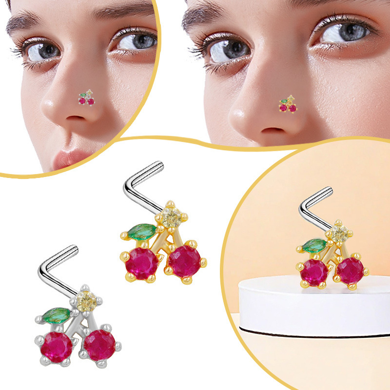 Gaibei Europe and the United States cross-border sweet lovely cherry L-rod puncture nose nail light luxury temperament puncture jewelry factory straight hair