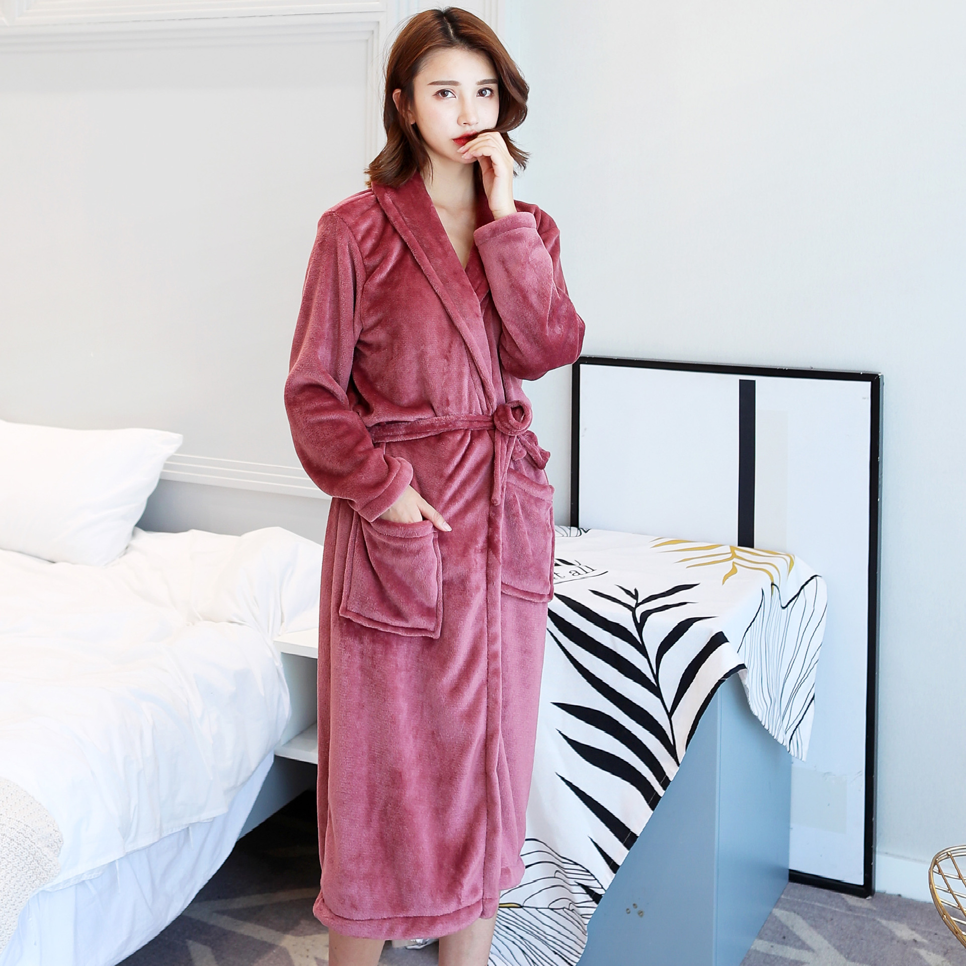 Picture of Factory in stock Flannel Nightgown Exlongation Coral Fleece Bathrobe Couples Home Clothes Pajamas Autumn and Winter Bathrobe for Men and Women