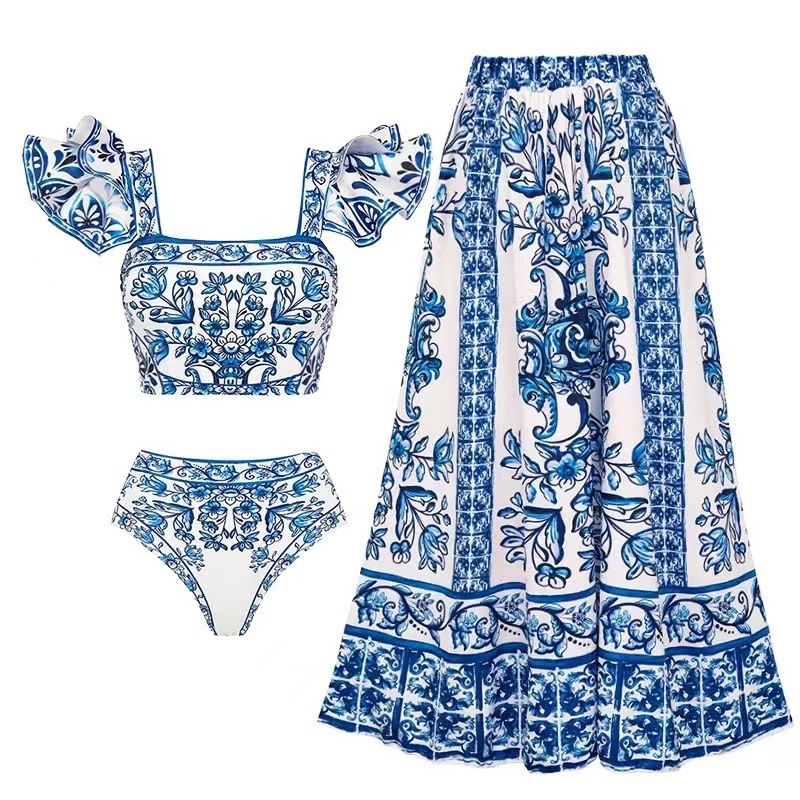 2025 European and American Foreign Trade Split Swimsuit Women's Bikini Wrap Skirt suit Shoulder Sexy Veil Fashion Explosions suit
