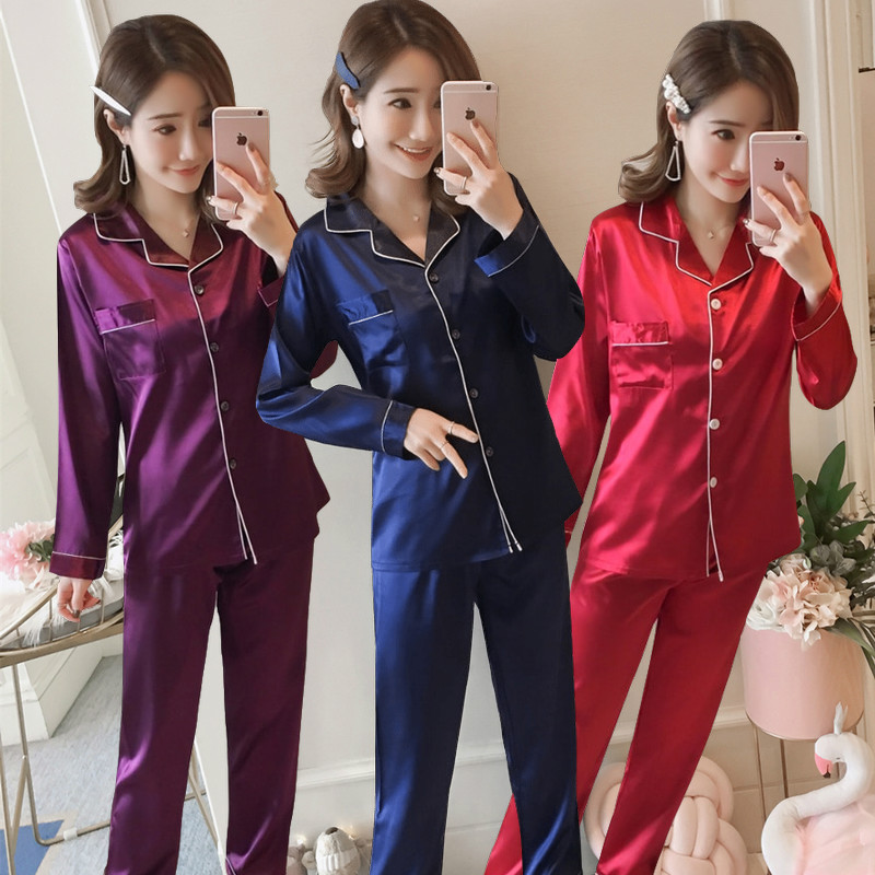 Spring and Autumn New Women's Silk-like Sexy Long-sleeved Cardigan Ice Silk Pajamas Plus Size Home Clothes Two-piece suit