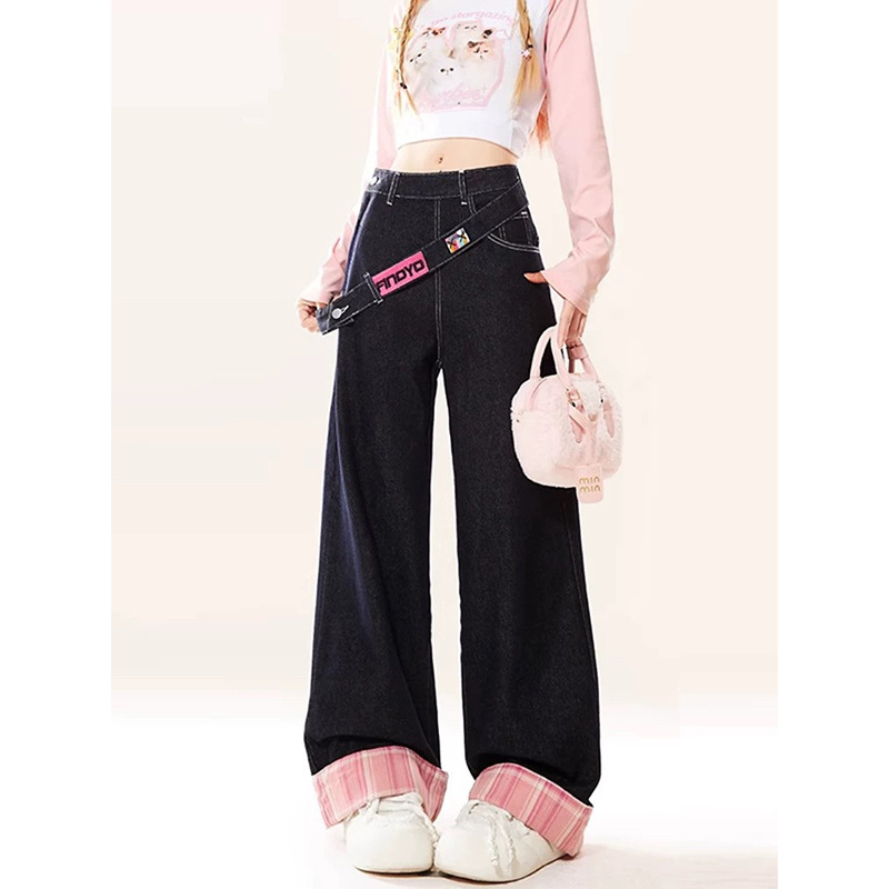 American Tannin dark blue Side Zip Jeans Women's Spring and Autumn Design Sense Plaid Stitching Long Pants