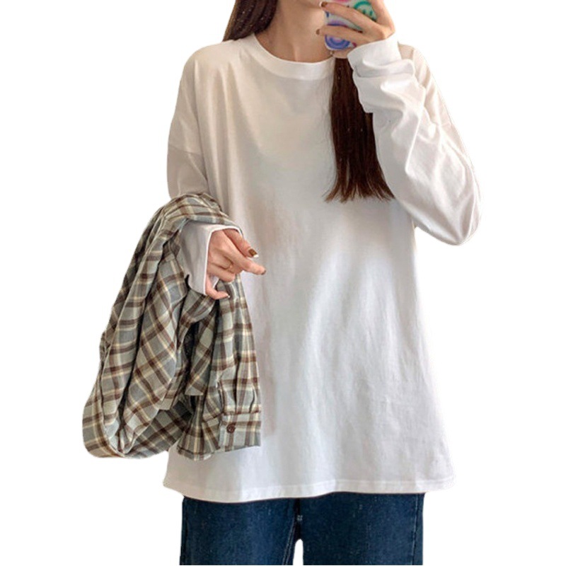 Ins Super Hot Long-sleeved T-shirt Women's Spring Autumn and Winter Solid Color Inner Base Shirt Korean Fashionable Students Outer Wear Loose Top