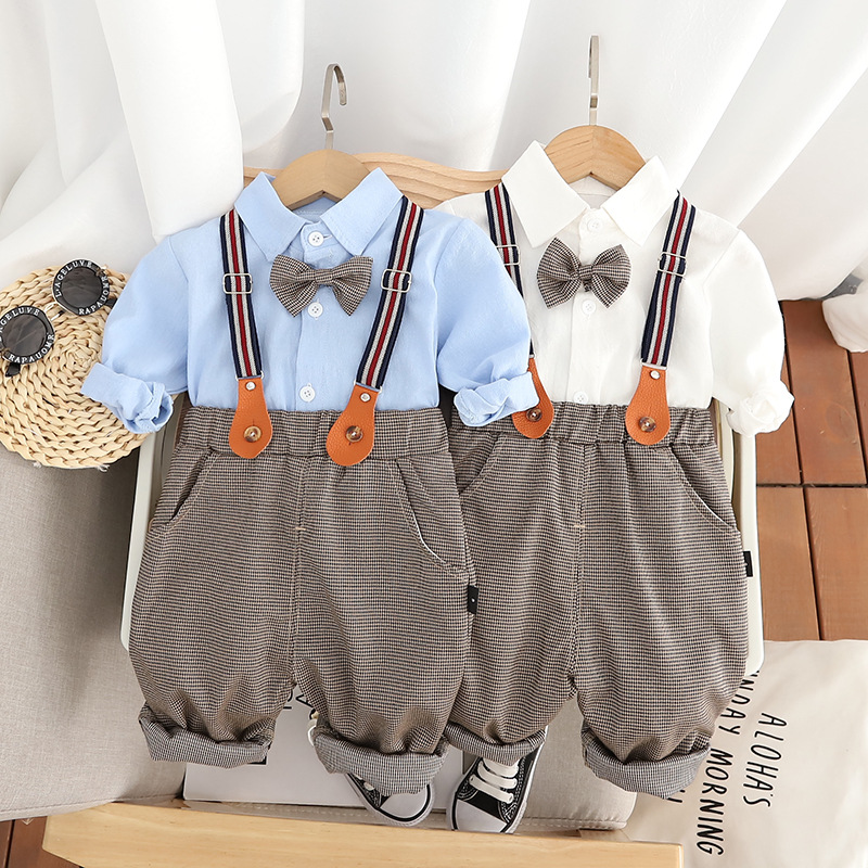 Korean Style Autum New Spring and Autum Street Kidsren's Houndstooth Suspender Trousers Casual Two-Piece Set One Piece Drop Shipping Trend