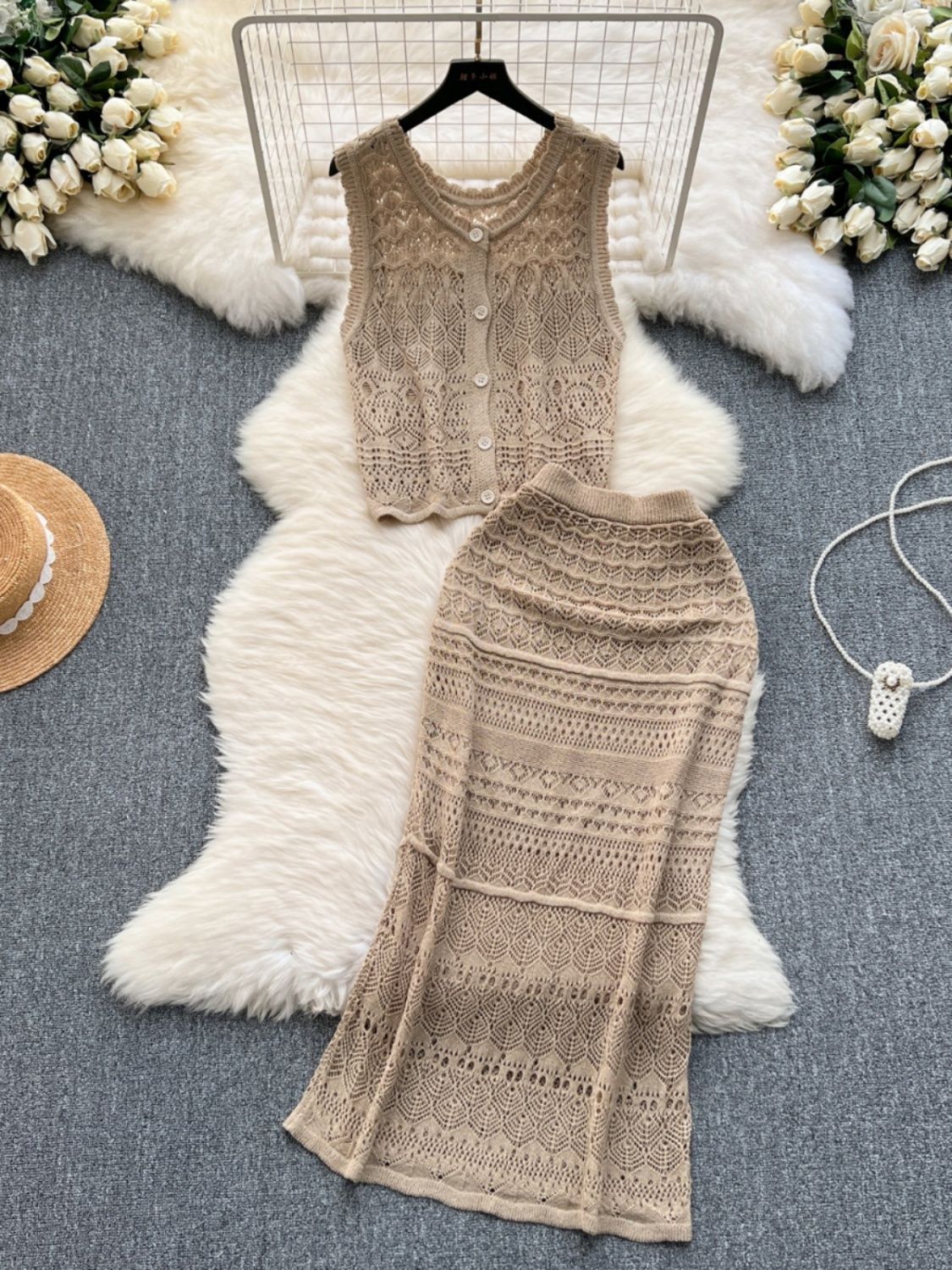 Korean Style Outfit with Elegant and Light Hollow Knitted Cardigan Vest and High-Waisted Half Skirt Holiday Style Two-Piece Set