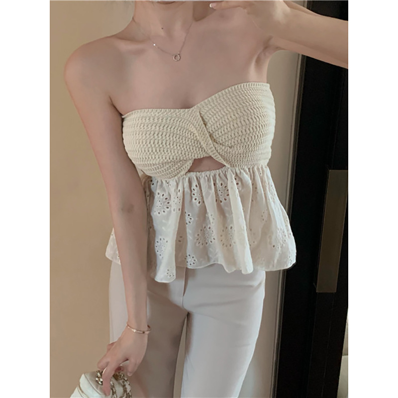 Vacation style off-shoulder tube top hollow lace pure want to wear short camisole women's summer sleeveless hot girl top