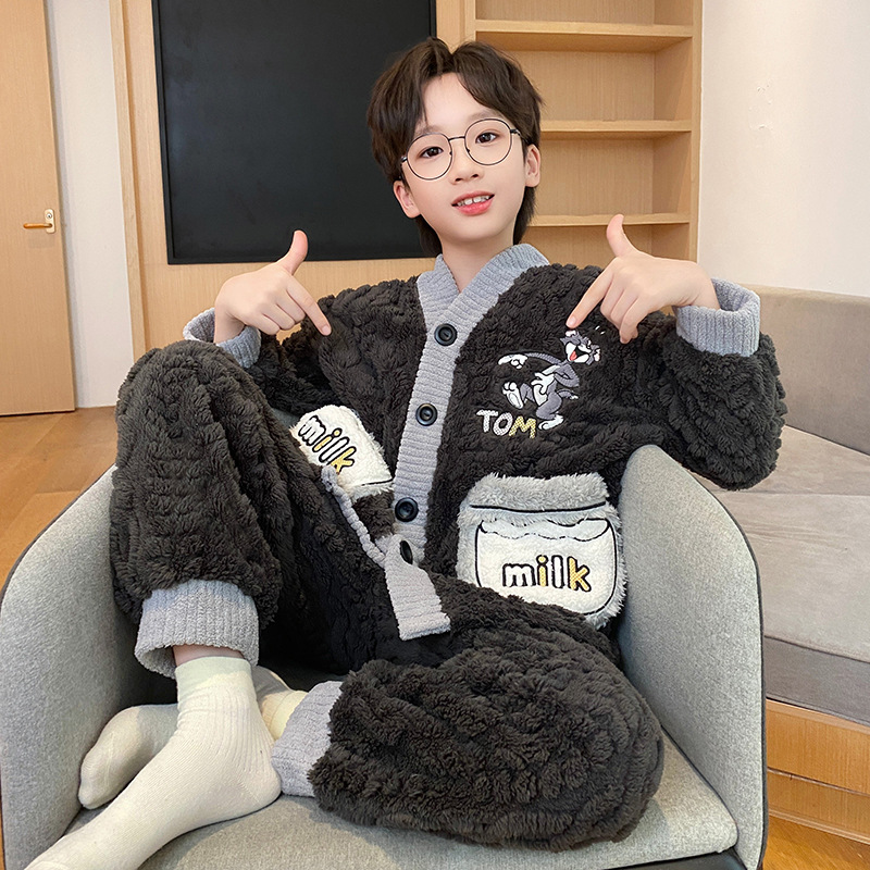 Picture of Children's coral fleece pajamas for boys autumn and winter 2024 new winter jacquard fleece home clothes for teenagers and little boys