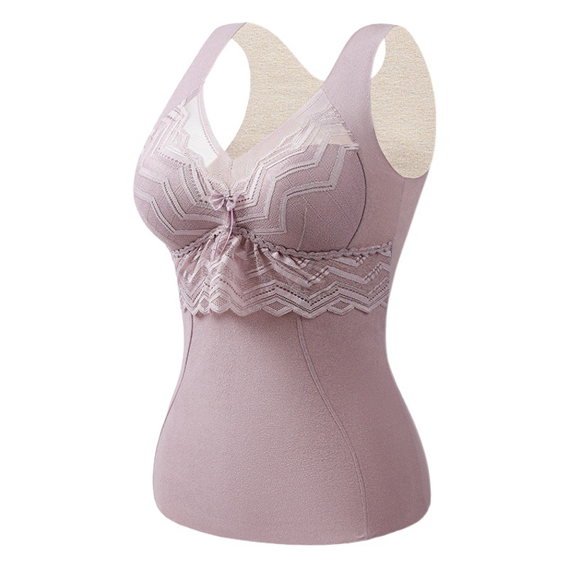 Wool silk thermal vest women's V-neck seamless velvet lace underwear fixed Cup one-piece heating vest bra