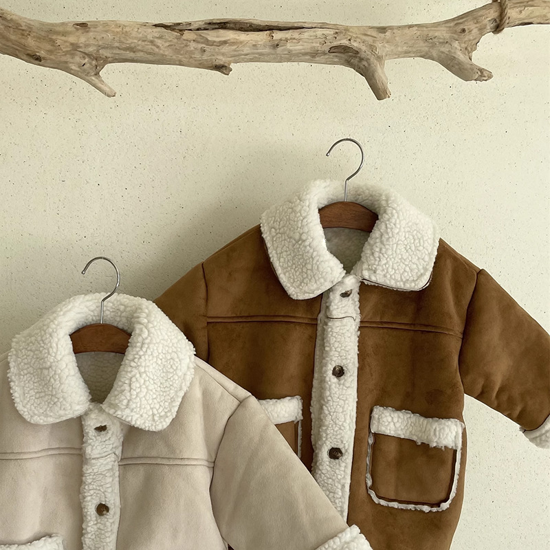 Picture of Korean Style Ins Children's Wear Winter New Color-block Cardigan fleece-lined Western Style Thickened Casual Lamb Wool Jacket for Boys and Girls