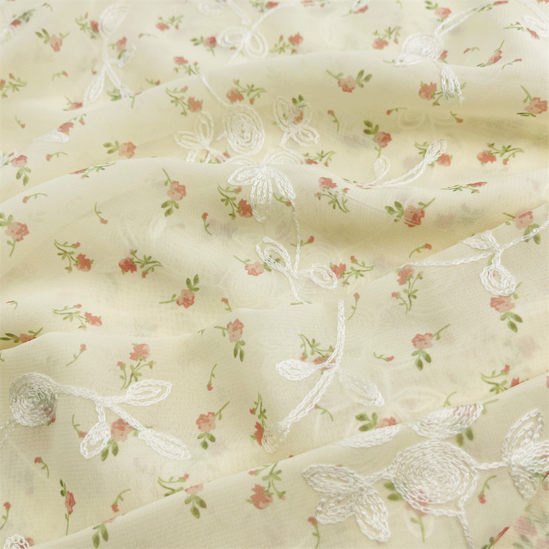 Spot Small Floral Chiffon Printed Lace Embroidered Fabric Hanfu Cheongsam Dress Soft Cool Embroidered Fabric