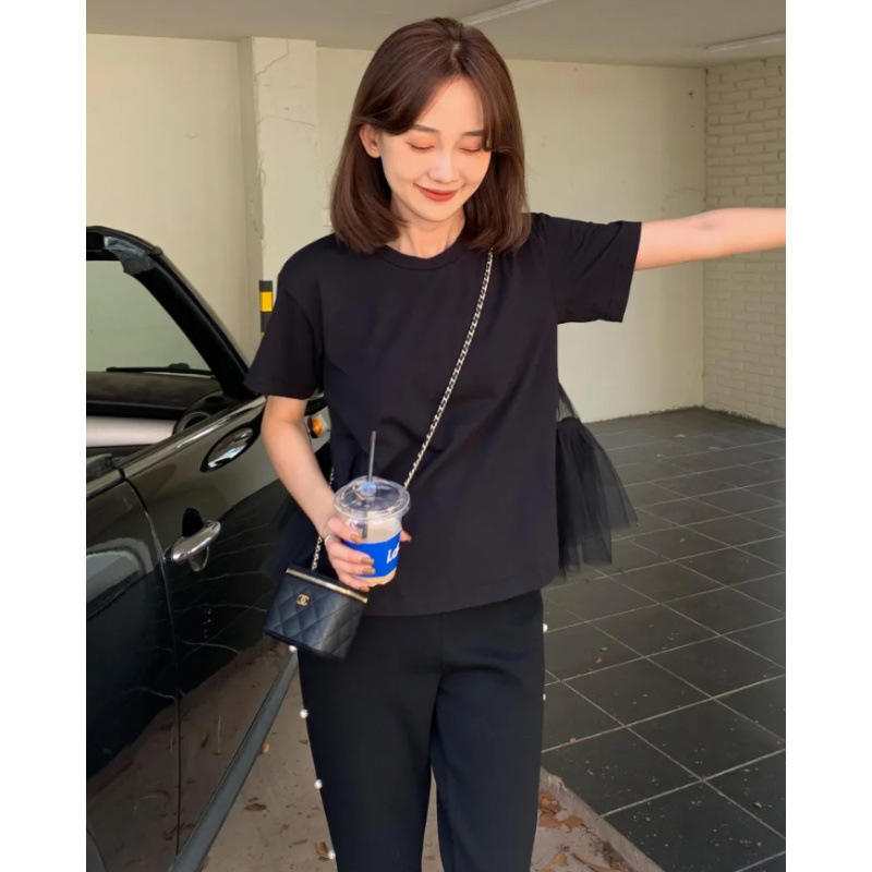 Japanese and Korean 2025 Summer New Fashion Versatile Round Neck Splicing Mesh Short-Sleeved Shirt Women's Tops
