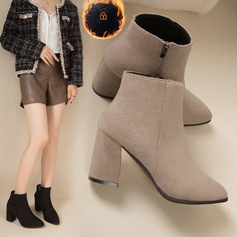 Suede Short Boots Women 2024 Autumn and Winter New Pointed Thick Heel Martin Boots Side Zipper Women's High Heel Fashion Boots Wholesale