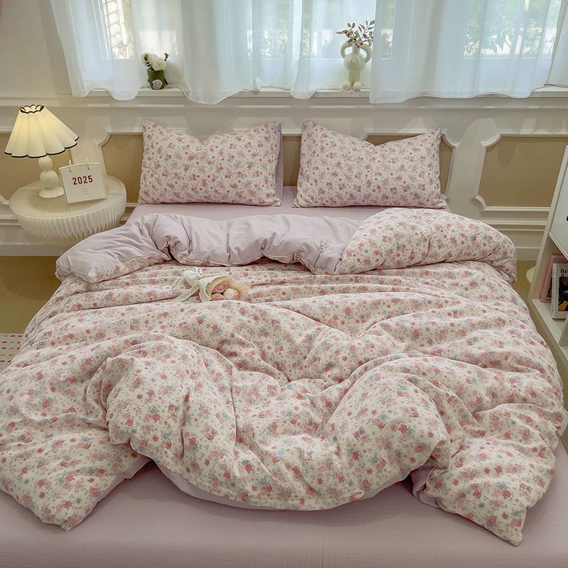 Picture of Double-Layer Gauze Wrinkled Cotton Bed Four-Piece Set Small Fresh Quilt Cover Home Ins Style Floral Summer New Three-Piece Set