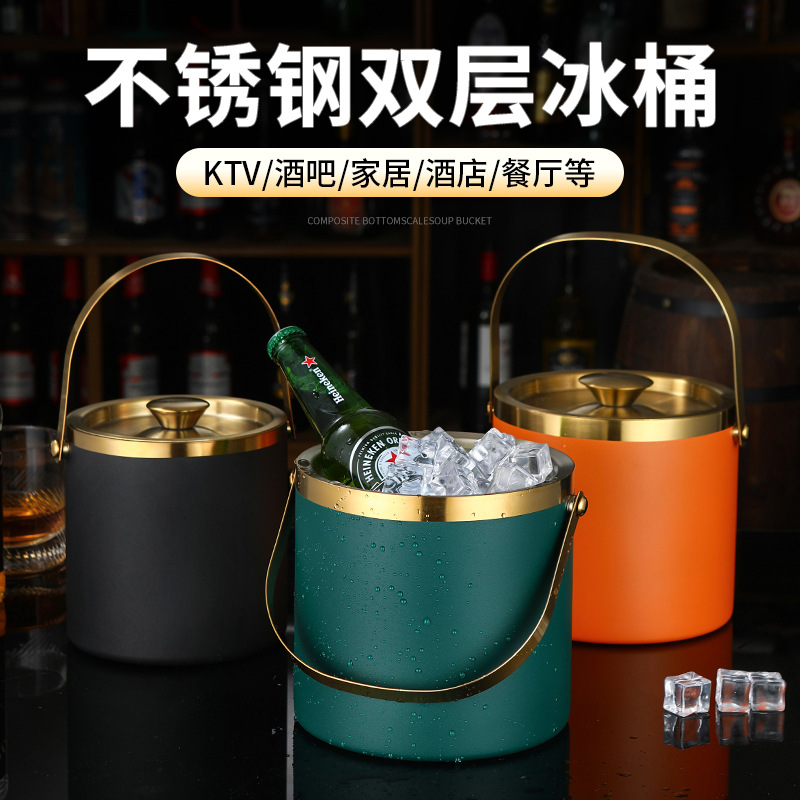 Picture of Amazon Stainless Steel Double-Layer Ice Bucket Bar Champagne Red Wine Beer Commercial Ice Bucket Stainless Steel Bucket
