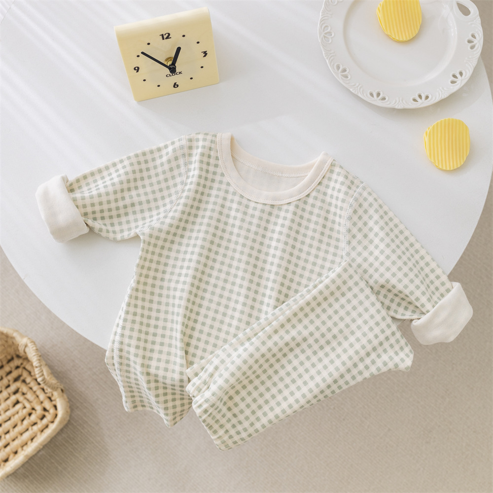 Picture of ins Plaid children's home wear underwear suit boys and girls baby bottoming clothes children's autumn clothes long pants suit