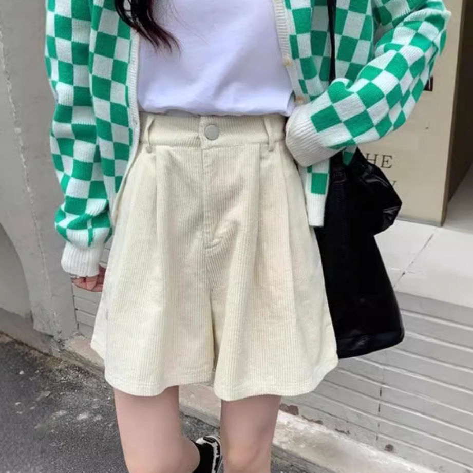 2024 Spring and Autumn Wide Leg Corduroy Shorts Women's High Waist Loose Slimming Design Sense Niche Casual Pants