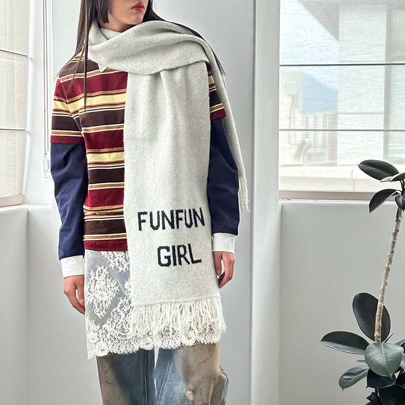 New Internet Red Scarf Women's Autumn and Winter Letter Knitted Jacquard Wool Scarf High-grade Sense Warm Tassel Shawl Scarf