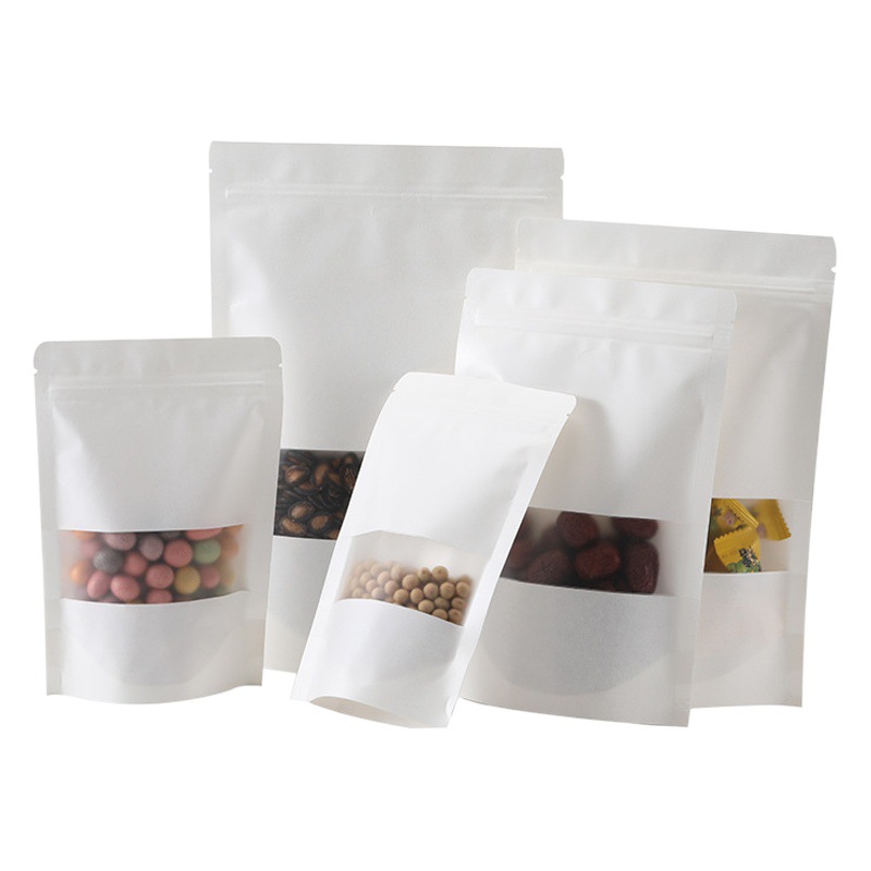 White Kraft Paper Bag Window Self-standing Self-sealing Kraft Paper Bag Frosted Tea Bag Candy Bag Food Packaging Bag