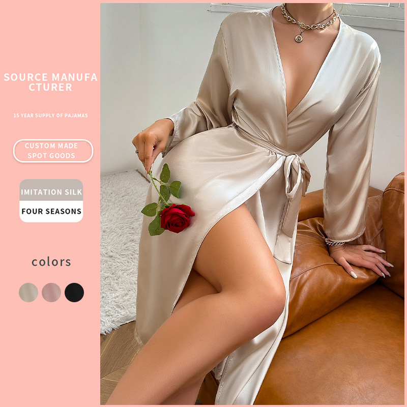 Dannilin Summer Sexy Silk Nightgown Women's Long-sleeved Fashionable Casual Home Clothes Long Lace-up Bathrobe Morning Gown