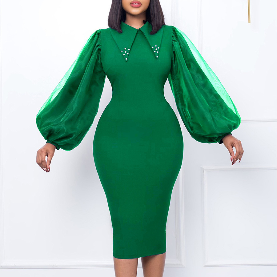 European and American Temperament Professional Women's Pencil Skirt Lantern Long Sleeve plus size Bag Hip dress Beaded Mesh Foreign Trade Skirt