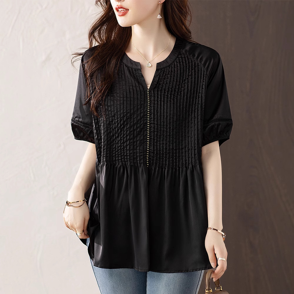 Fashionable solid color 2025 new small V-neck summer short sleeve women's western style small shirt