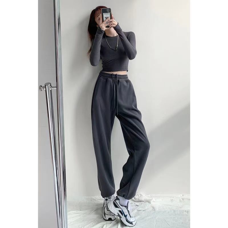 Drawstring Thin Grey Sports Pants Women's 2025 New Spring and Autumn Korean Style High Waist Loose Slimming Leg Casual Pants