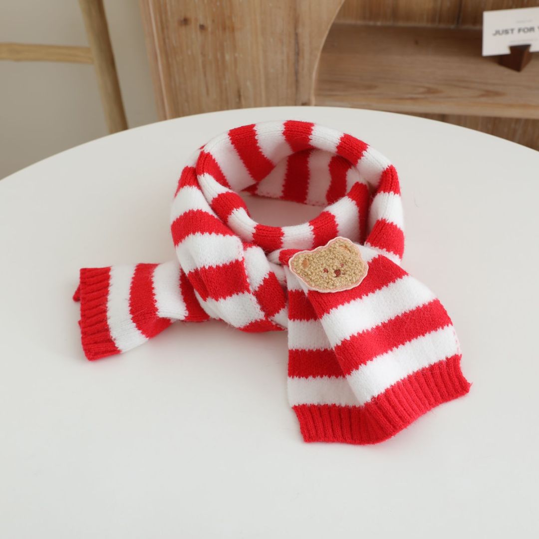 Picture of Children's Woolen Scarf Korean Style Color-Blocked Stripesd Knitted Embroidered Korean Bear Cute Woolen Scarf for Boys and Girls