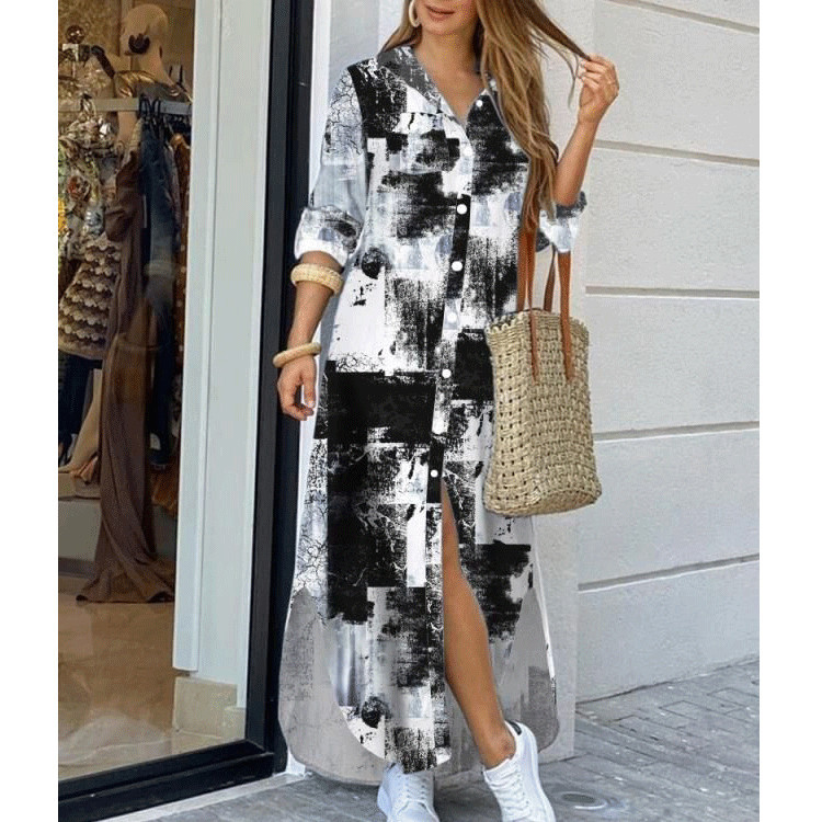 Picture of Cross-Border Women's Clothing Amazon 2025 European and American Spring and Summer New Printed Long-Sleeved Dress Fashionable Sexy Shirt Long Skirt