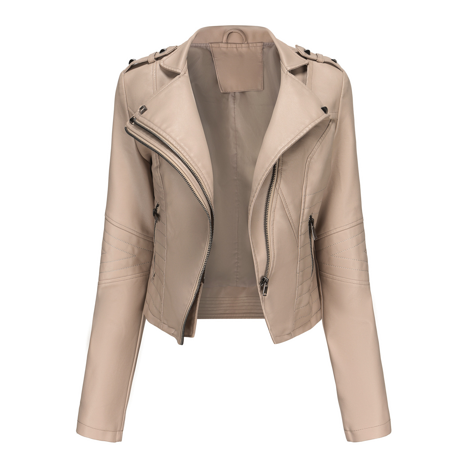 Picture of New Slim-Fitting Long-Sleeved Spring and Autumn Leather Jacket for Women with Rivets European and American Popular Short Small Coat Zipper Leather Jacket