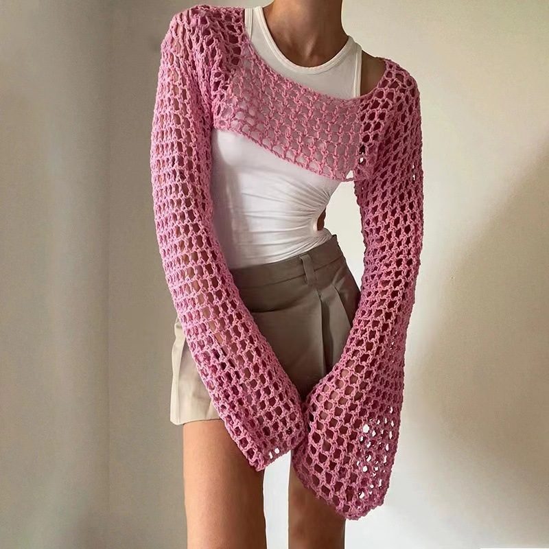 Sexy European and American Hollow Sweater Solid Color Round Neck Long-Sleeved Knitted Blouse New Style in Stock