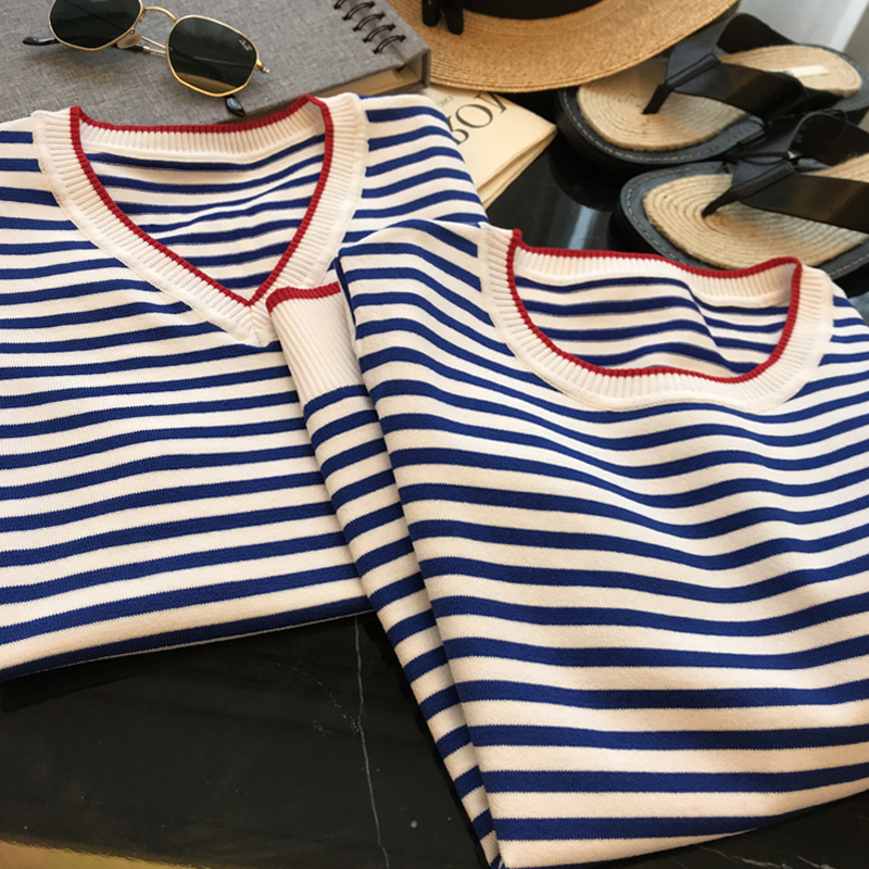 This Y must be purchased! Refreshing blue and white striped loose round neck/V-neck Sea Spirit shirt sweater T-shirt women's summer thin fashion