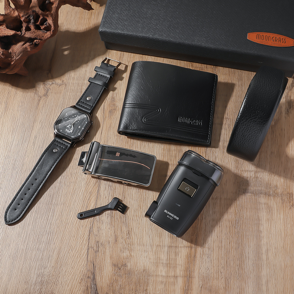 Picture of Men's Generous Dial Belt Quartz Watch Wallet Razor Belt Five-Piece Black Gift Set