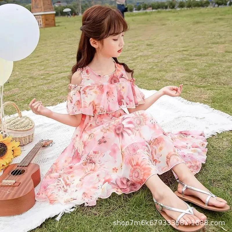 2024 New Girls' Chiffon dress Summer Dress Korean Style Internet Popular Foreign Style Girl's Floral Princess Dress Trendy