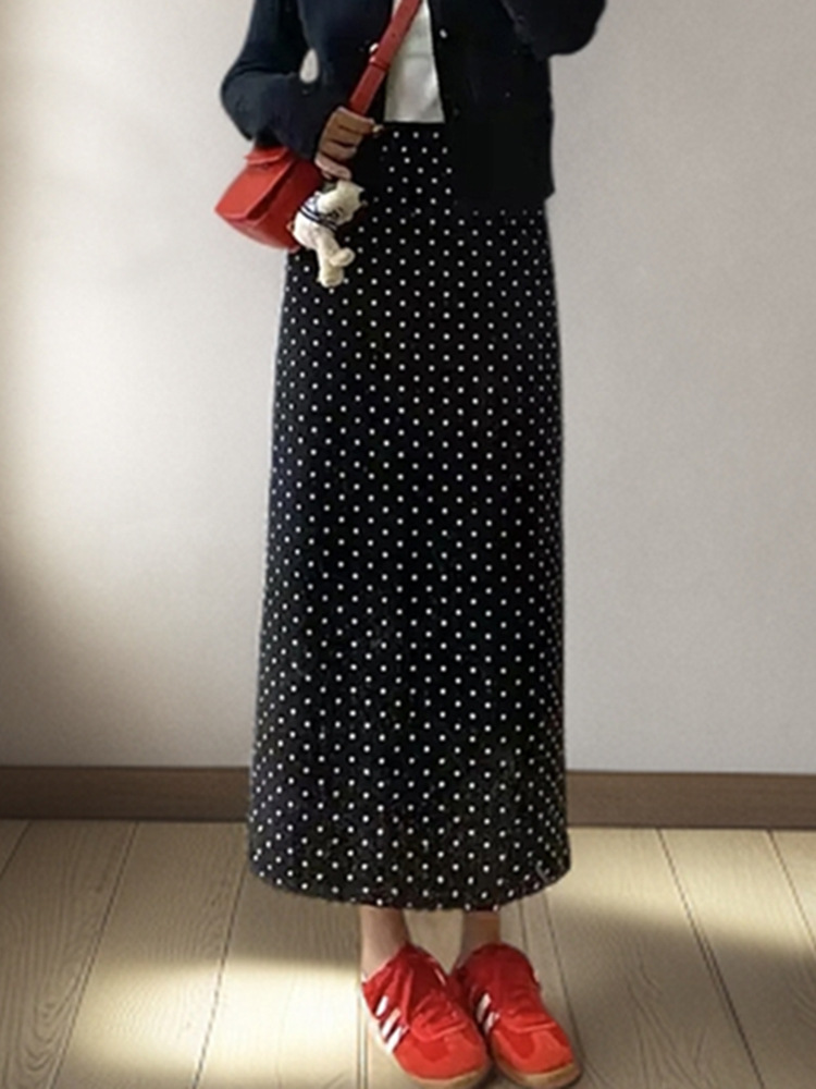 High-Waisted Polka Dot Skirt Women's A-Line Version Slit Mid-Length 2025 Summer New Polka Dot Hip Skirt a Ready Stock