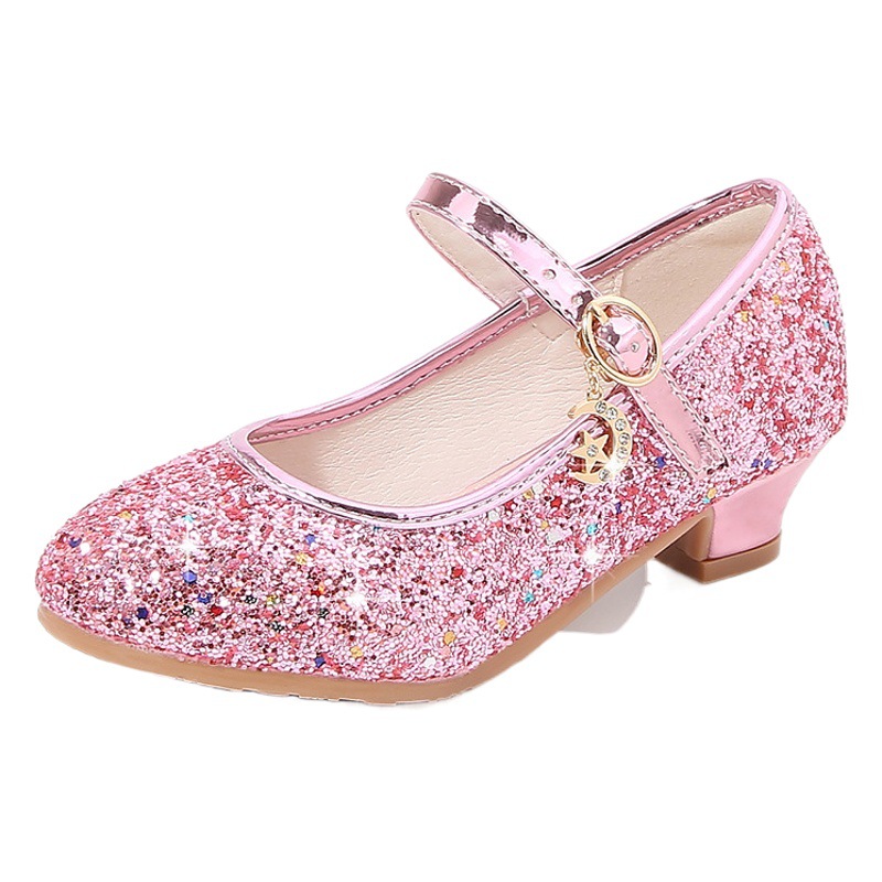 2025 Spring New Girls' Shoes Rhinestone Sequin Fashion Princess Shoes Solid Color Strap Buckle Children's Performance Shoes