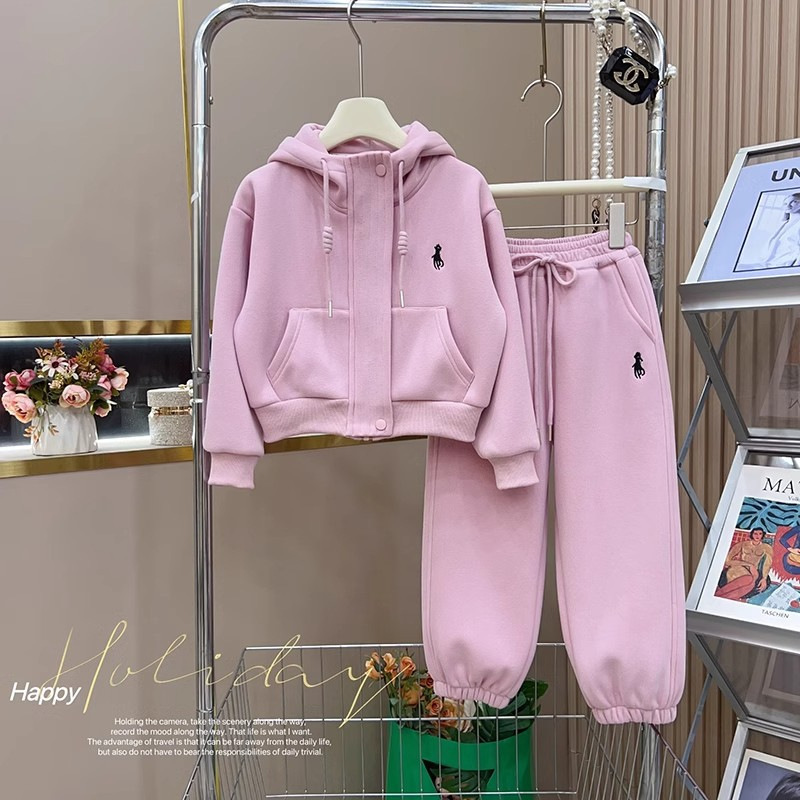 Girls Winter fleece-lined Thickened Jacket Harlan Pants 2024 New Large Children's Hooded Cardigan Top Two-Piece Trendy