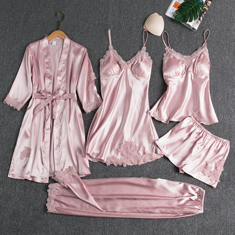 Picture of Pajamas Women's Summer Ice Silk Sexy Hot Home Clothes Spring and Autumn Long Sleeve Thin plus size Cross-border Five-piece suit Bathrobe
