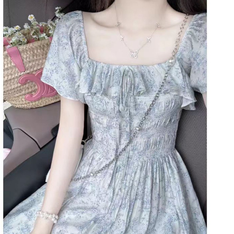 2025 Summer New Chinese Ink Floral dress Gentle Style Square Collar Waist Long Dress Shoulder Dress for Vacation