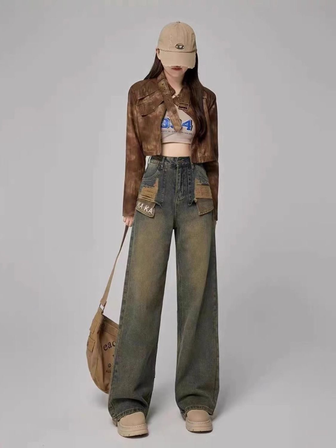 Korean Retro Ripped Straight-Leg Jeans for Women, Autumn New Loose High-Waisted Slimming Wide-Leg Floor-Length Pants Ins