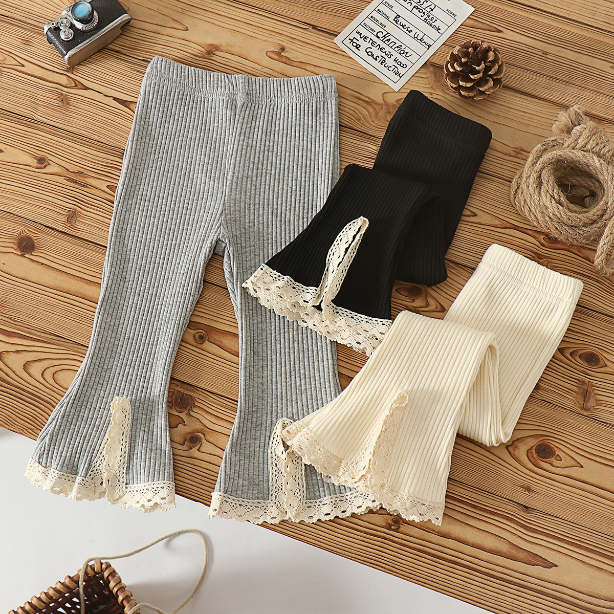 Picture of Infant Early Autumn Baby Girl Korean Style Micro Lace Pants Lace Stretch Pit All-match Solid Color Flared Pants