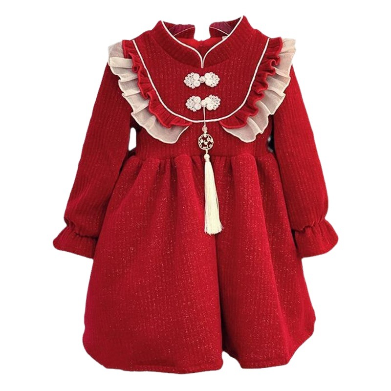 Girls' dress winter New Chinese style princess dress children's dress New Year greeting dress girls' red New Year dress