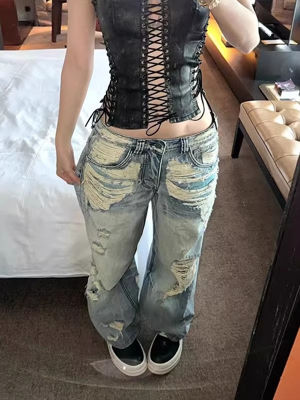 American Style Retro Low Waist Ripped Jeans Women's Summer Hot Girl High Street Design Sense Straight Loose Slimming Wide Leg Pants