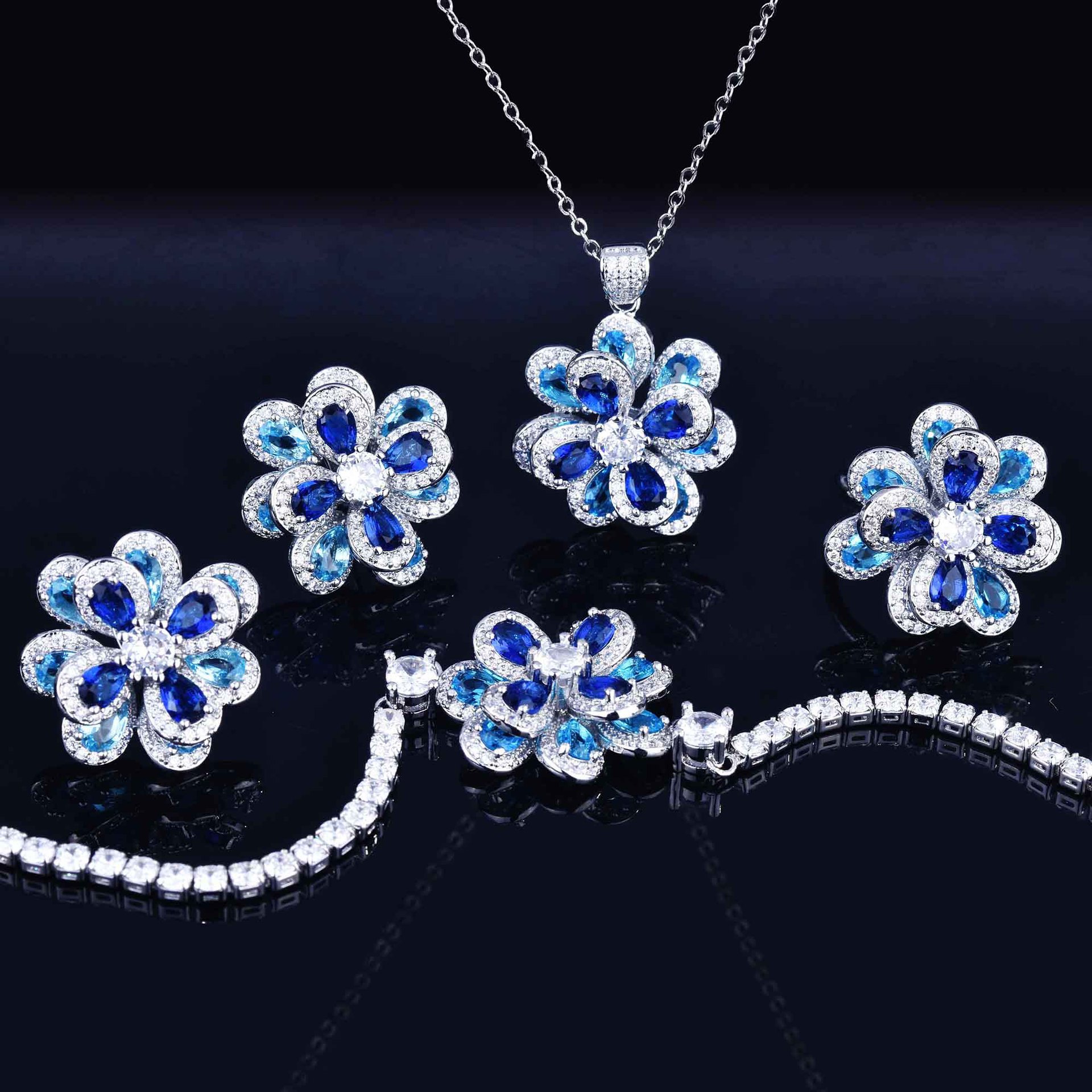 New European and American temperament color zircon flower set simple three-dimensional Camellia pendant opening ring wholesale