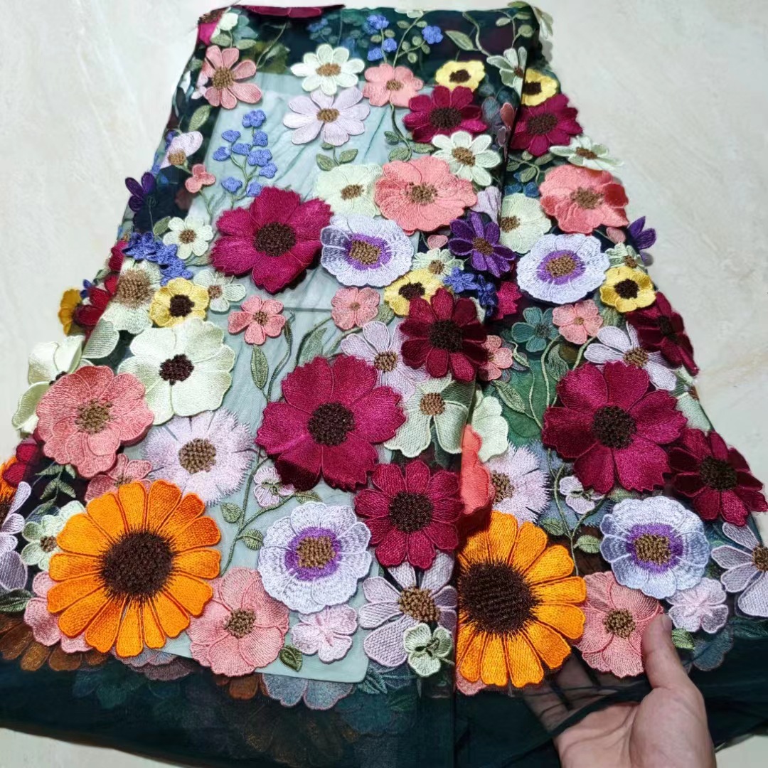 High-end Fashion Three-dimensional Mesh Multicolor Embroidered Fabric Heavy Industry 3D No Rules Decal Bilateral Wedding Dress Hanfu Fabric